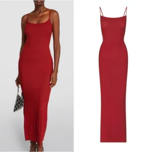 BEST Skims Soft Ribbed Lounge Long Slip Maxi Dress - Brick Red Wine Knit Soft