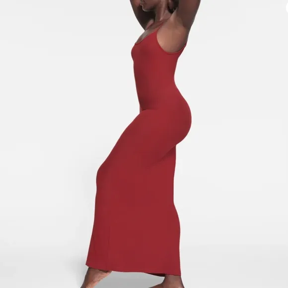 BEST Skims Soft Ribbed Lounge Long Slip Maxi Dress - Brick Red Wine Knit Soft