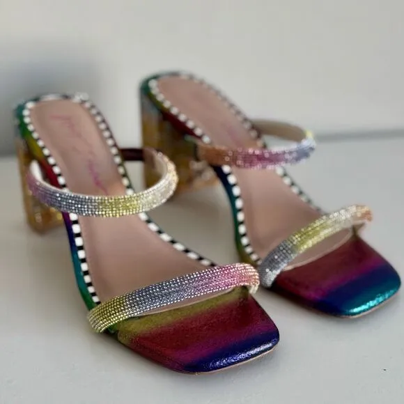 Betsey Johnson Rainbow Rhinestones Sparkly Heel Mules Size 6