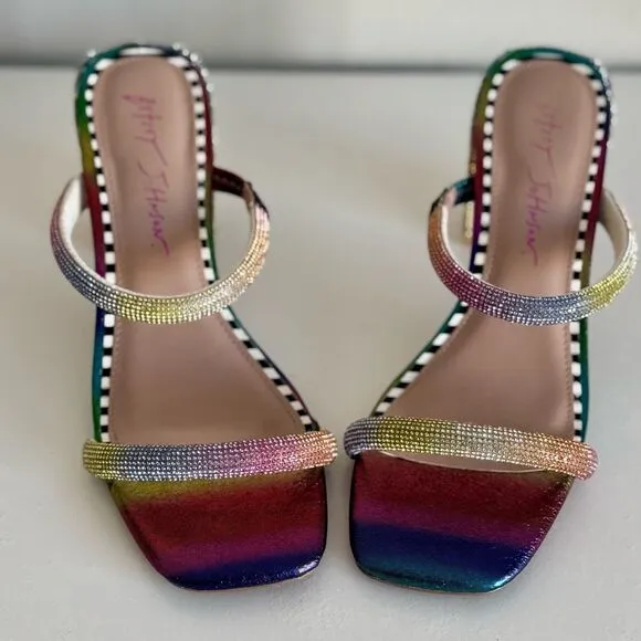 Betsey Johnson Rainbow Rhinestones Sparkly Heel Mules Size 6
