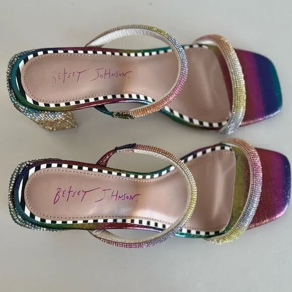 Betsey Johnson Rainbow Rhinestones Sparkly Heel Mules Size 6