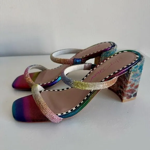 Betsey Johnson Rainbow Rhinestones Sparkly Heel Mules Size 6
