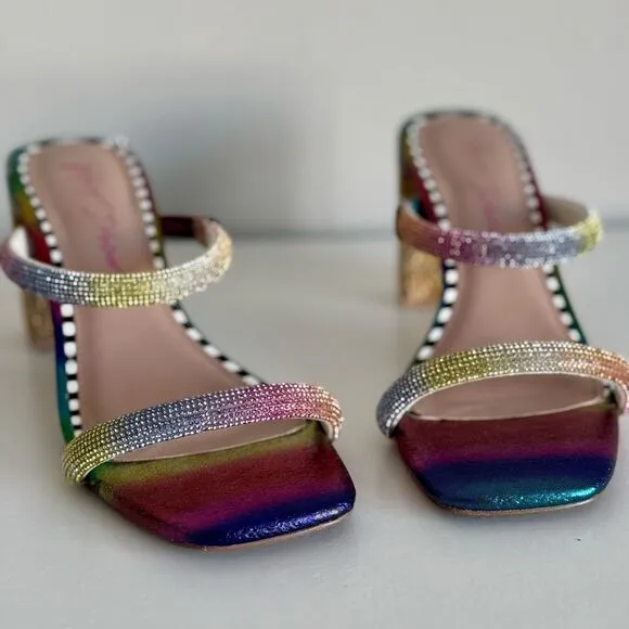 Betsey Johnson Rainbow Rhinestones Sparkly Heel Mules Size 6