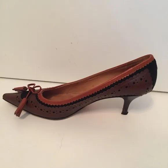 BETTYE MULLER SHOES PUMPS HEELS BROWN LEATHER BLACK SUEDE ITALY Size 36.5