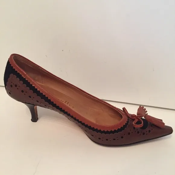 BETTYE MULLER SHOES PUMPS HEELS BROWN LEATHER BLACK SUEDE ITALY Size 36.5