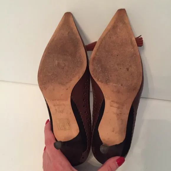 BETTYE MULLER SHOES PUMPS HEELS BROWN LEATHER BLACK SUEDE ITALY Size 36.5