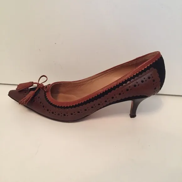 BETTYE MULLER SHOES PUMPS HEELS BROWN LEATHER BLACK SUEDE ITALY Size 36.5