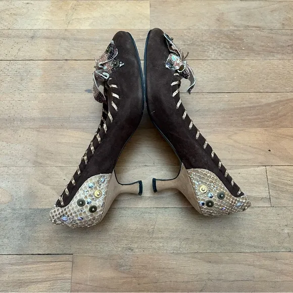 Beverly Feldman Brown Sequin Flower Kitten Heels