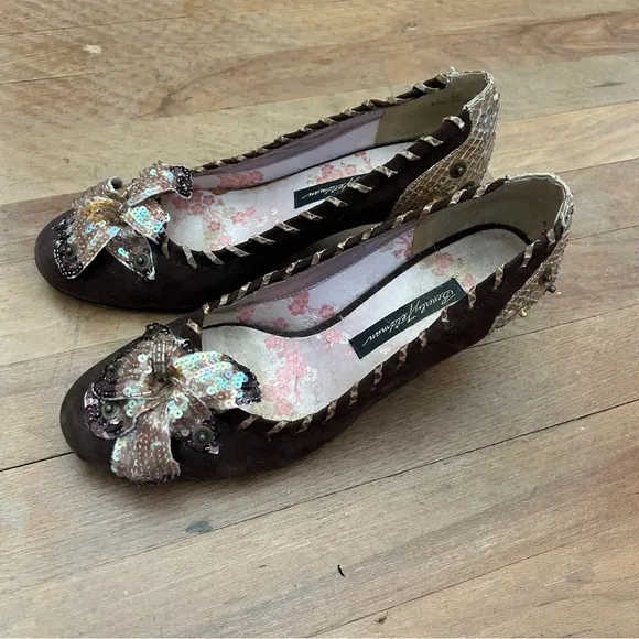 Beverly Feldman Brown Sequin Flower Kitten Heels