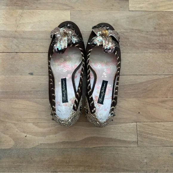 Beverly Feldman Brown Sequin Flower Kitten Heels