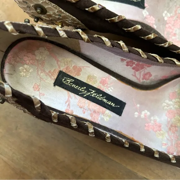 Beverly Feldman Brown Sequin Flower Kitten Heels