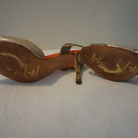 Beverly Feldman Orange/Gold/Brown Snake Print Leather Sling back Heels size 9