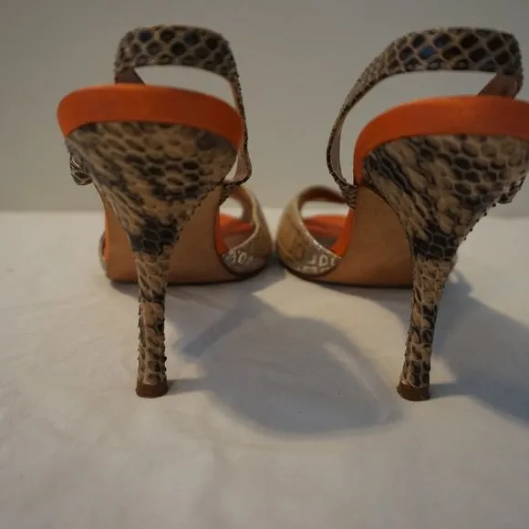 Beverly Feldman Orange/Gold/Brown Snake Print Leather Sling back Heels size 9