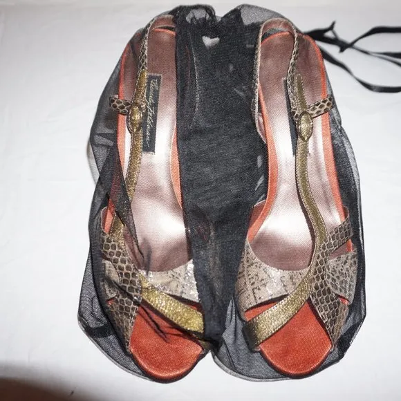 Beverly Feldman Orange/Gold/Brown Snake Print Leather Sling back Heels size 9