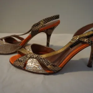 Beverly Feldman Orange/Gold/Brown Snake Print Leather Sling back Heels size 9