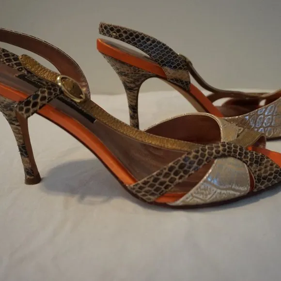 Beverly Feldman Orange/Gold/Brown Snake Print Leather Sling back Heels size 9