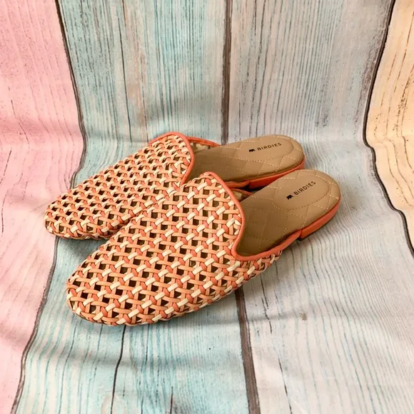 Birdies Orange and Tan Mules with Woven Design
