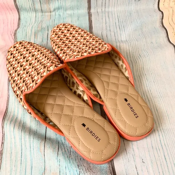 Birdies Orange and Tan Mules with Woven Design