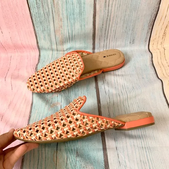 Birdies Orange and Tan Mules with Woven Design