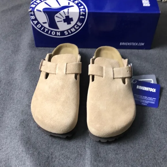 Birkenstock Boston Cream Mules Soft Suede Slip-On - Narrow