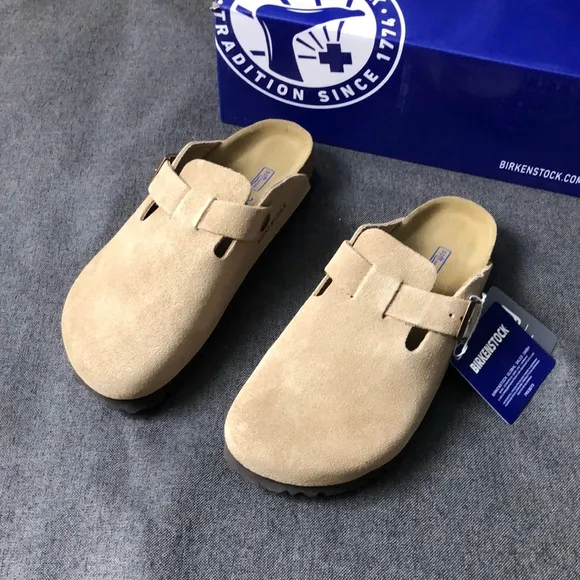 Birkenstock Boston Cream Mules Soft Suede Slip-On - Narrow