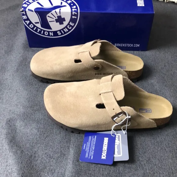 Birkenstock Boston Cream Mules Soft Suede Slip-On - Narrow
