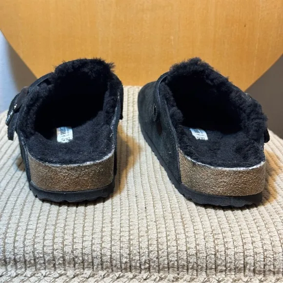 Birkenstock Boston Shearing Black Suede Slip-On Clogs