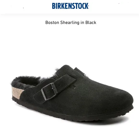 Birkenstock Boston Shearing Black Suede Slip-On Clogs
