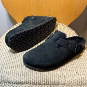 Birkenstock Boston Shearing Black Suede Slip-On Clogs