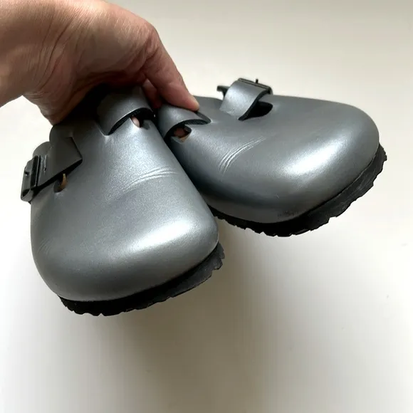 Birkenstock Boston Silver Gray Leather Clogs 39