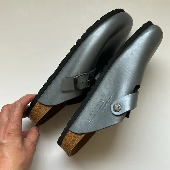 Birkenstock Boston Silver Gray Leather Clogs 39