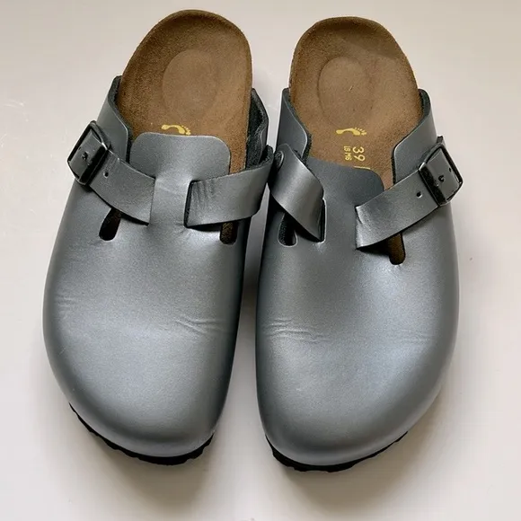 Birkenstock Boston Silver Gray Leather Clogs 39