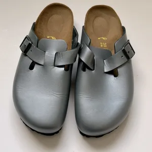 Birkenstock Boston Silver Gray Leather Clogs 39