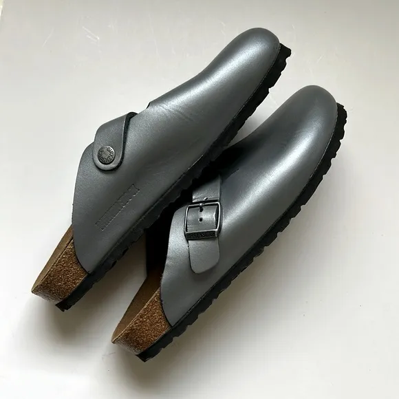 Birkenstock Boston Silver Gray Leather Clogs 39