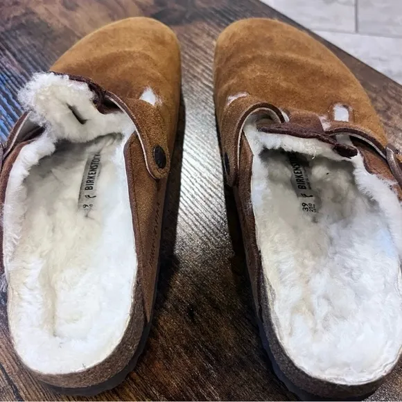 Birkenstock Brown Suede Shearling Clogs Bosten shearing