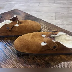 Birkenstock Brown Suede Shearling Clogs Bosten shearing