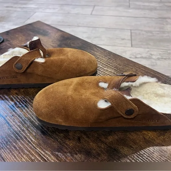 Birkenstock Brown Suede Shearling Clogs Bosten shearing