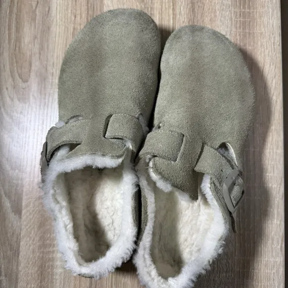 Birkenstock London Shearling Taupe Size 42 Fuzzy Excellent Condition