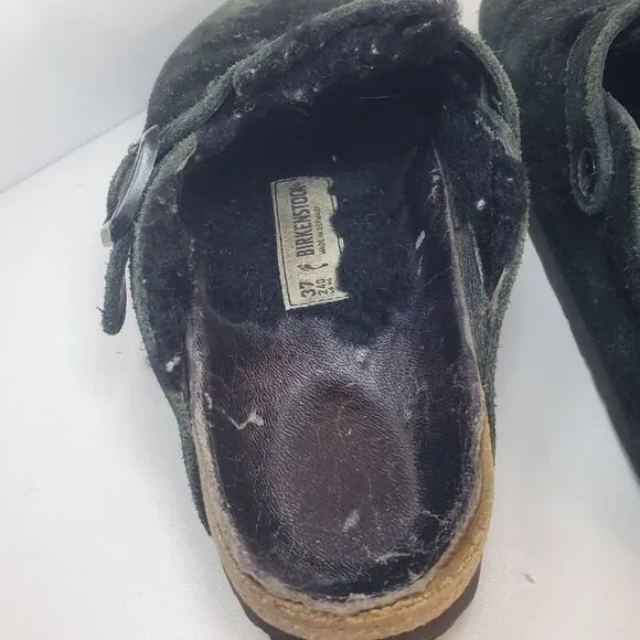 Birkenstock Shoes Womens 37 Boston Shearling Lined Mules Clogs Dark Green Suede