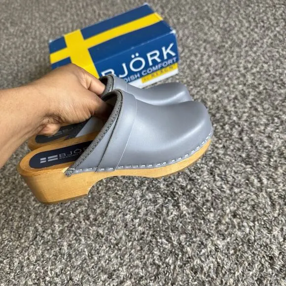 Bjork Swedish Comfort 38 US 7 Wooden Slip On Clogs Solid Gray Leather New