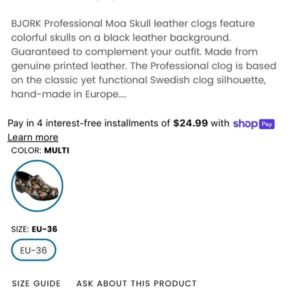 Bjork Swedish Moa Skull Leather Medical Professional Mules/Clogs 7-7.5