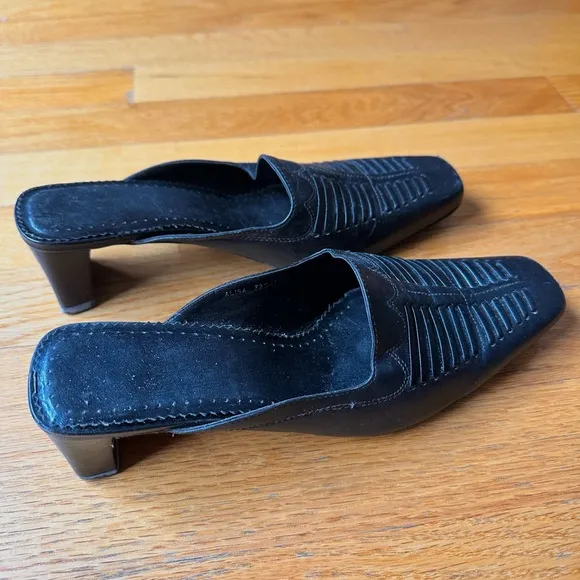 Black Leather Heeled Mules