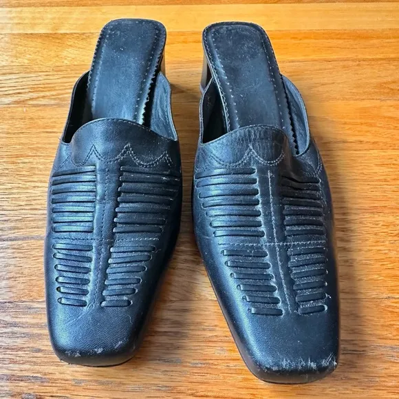 Black Leather Heeled Mules