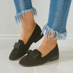 Black Oversized Bow Slip On Boyfriend Loafer Flats