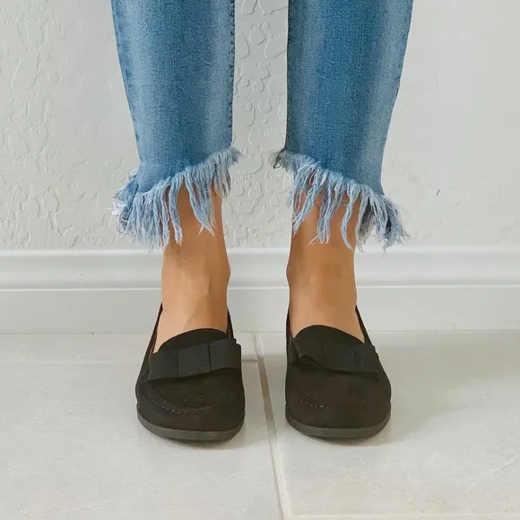 Black Oversized Bow Slip On Boyfriend Loafer Flats