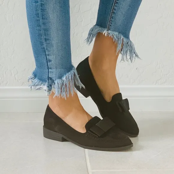 Black Oversized Bow Slip On Boyfriend Loafer Flats