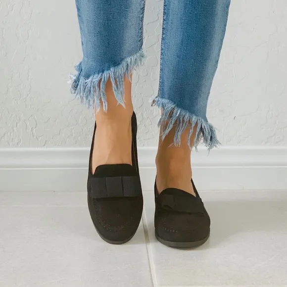 Black Oversized Bow Slip On Boyfriend Loafer Flats