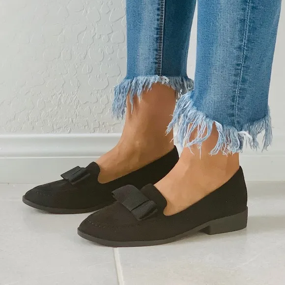 Black Oversized Bow Slip On Boyfriend Loafer Flats
