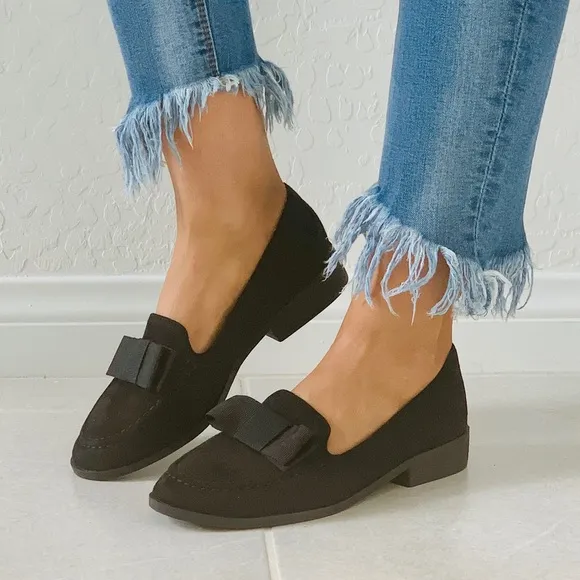 Black Oversized Bow Slip On Boyfriend Loafer Flats