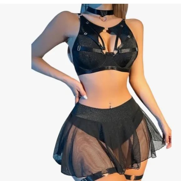 Black strappy crop bra top skirt goth festival rave club lingerie dancer fetish